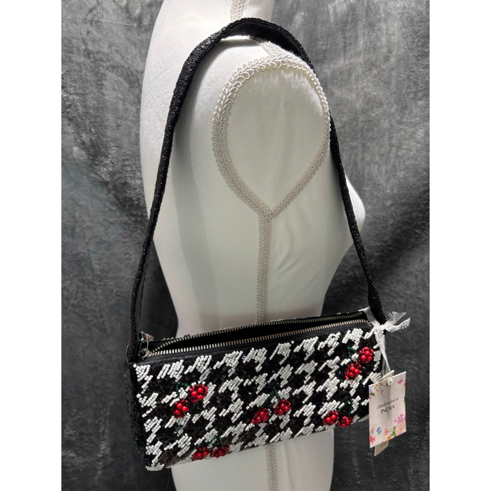 Viral Tik Toc Famous Made In India Cherry Houndtooth Beaded Handbag w/Cherry - Picture 2 of 12